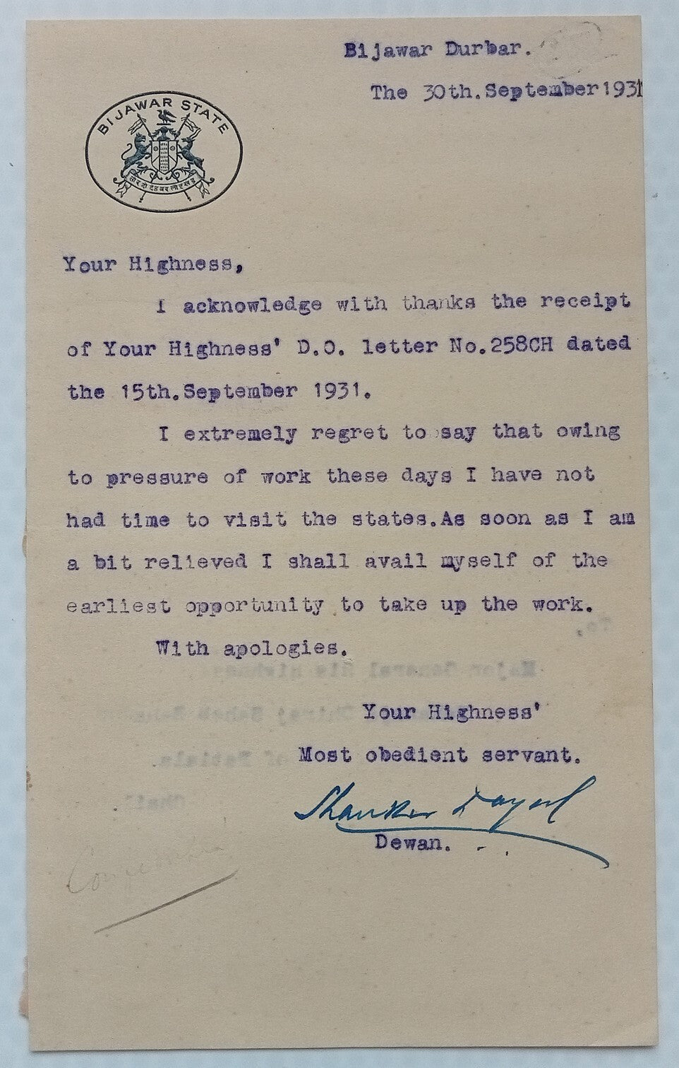 BIJAWAR STATE crested letter signed by the Dewan 1931 India