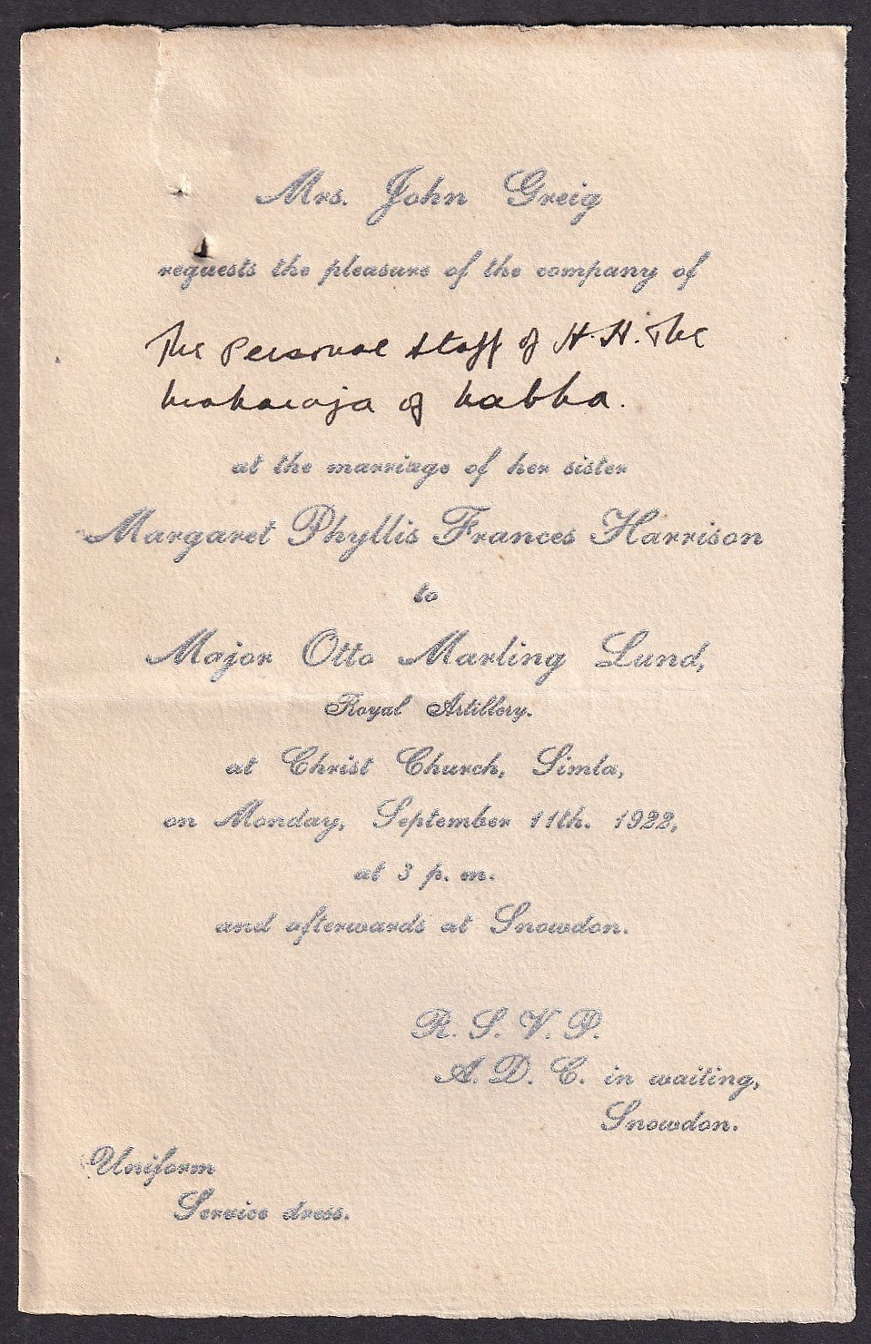 India Simla 1922 silver marriage invitation for the Maharaja of Nabha