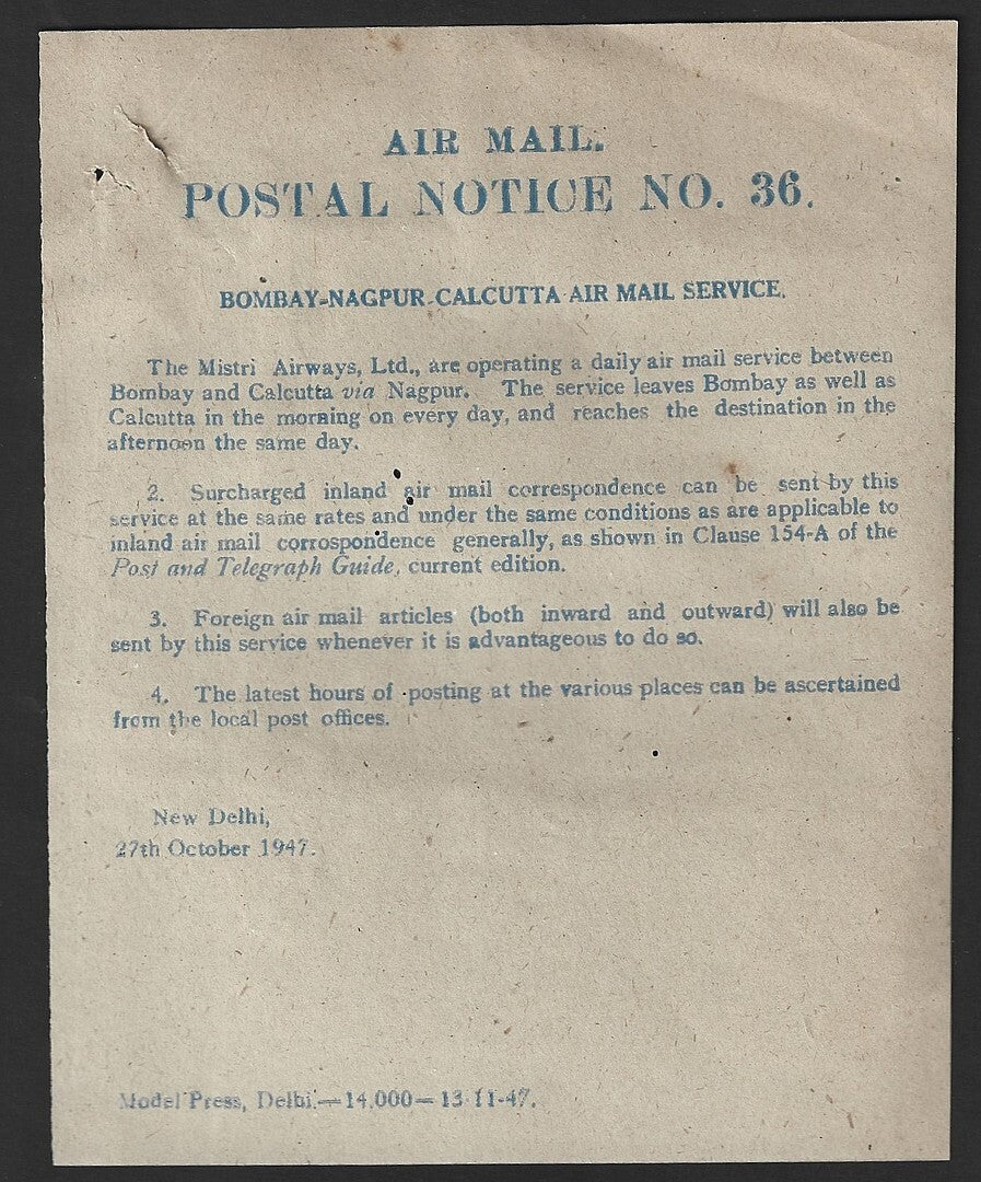 India POSTAL NOTICE #36 27 Oc 1947 Bombay-Nagpur Cal Air Mail Service + CIRCULAR