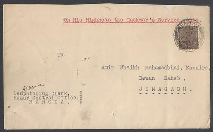AOP India Baroda State Service crested cover used 1929 to Dewan of Jungadh