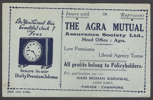 AOP India 1940s advertisement blotter - Insurance, Clock