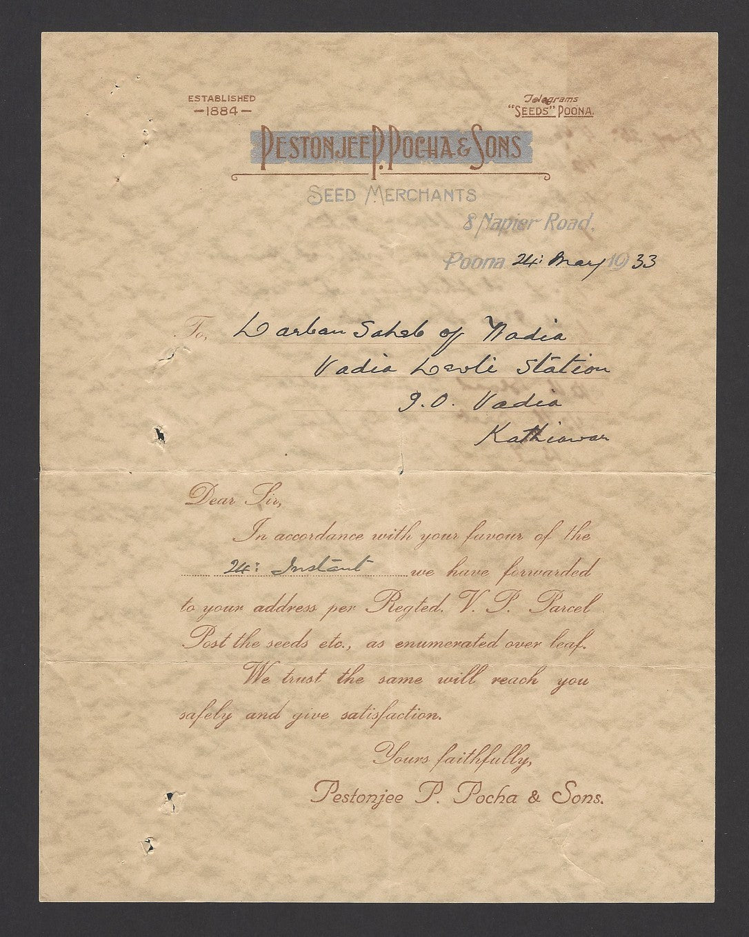 India Pestonjee Poocha Seed Merchants 1933 letter & appeal