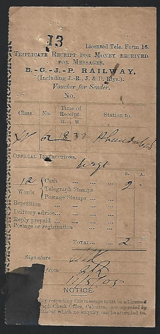 India BGJP Railway 1905 telegraph receipt