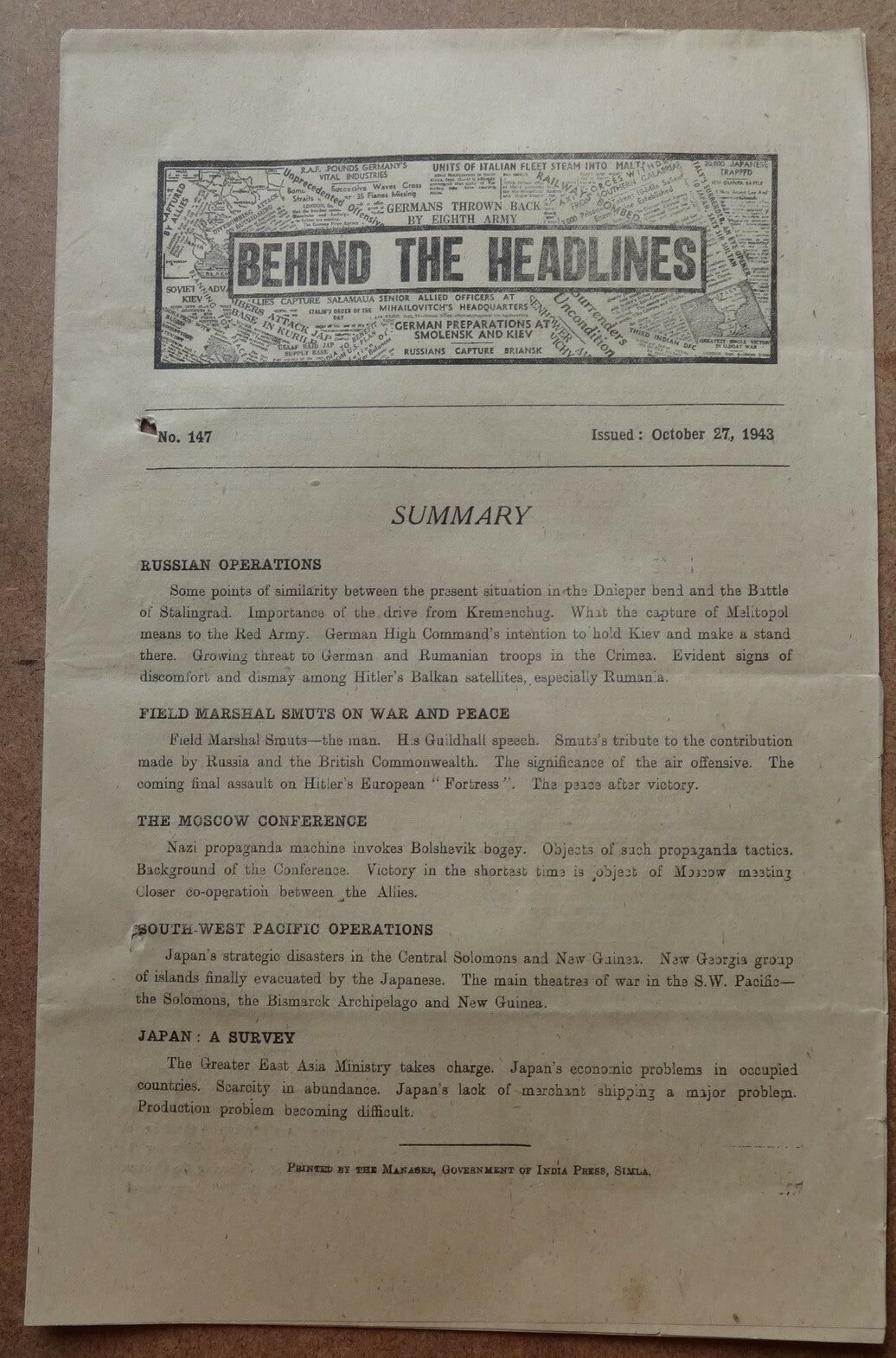 India WW2 Propaganda rag BEHIND THE HEADLINES 1943 RUSSIAN OPERATIONS 8pgs