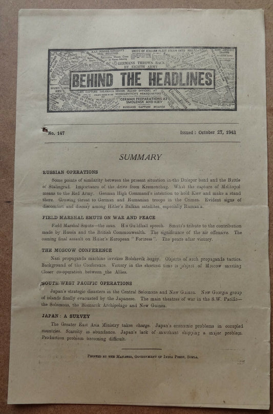 India WW2 Propaganda rag BEHIND THE HEADLINES 1943 RUSSIAN OPERATIONS 8pgs