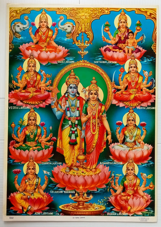 AOP India SRI ASHTA LAKSHMI Hindu God Poster J.B.KHANNA & Co. 49cm x 34cm R