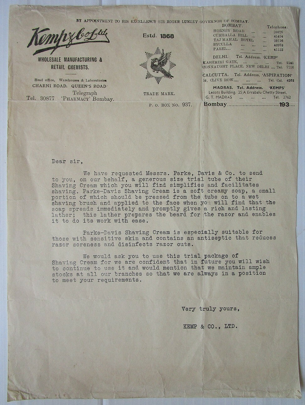 India 1930 illustrated letterhead Kemps Chemists Bombay