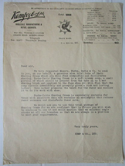India 1930 illustrated letterhead Kemps Chemists Bombay