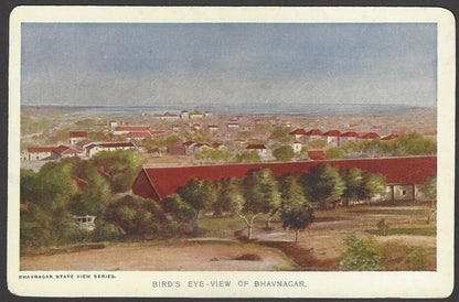 India Bhavnagar Bird’s Eye-View of 1940s Bhavnagar View Card with state crest