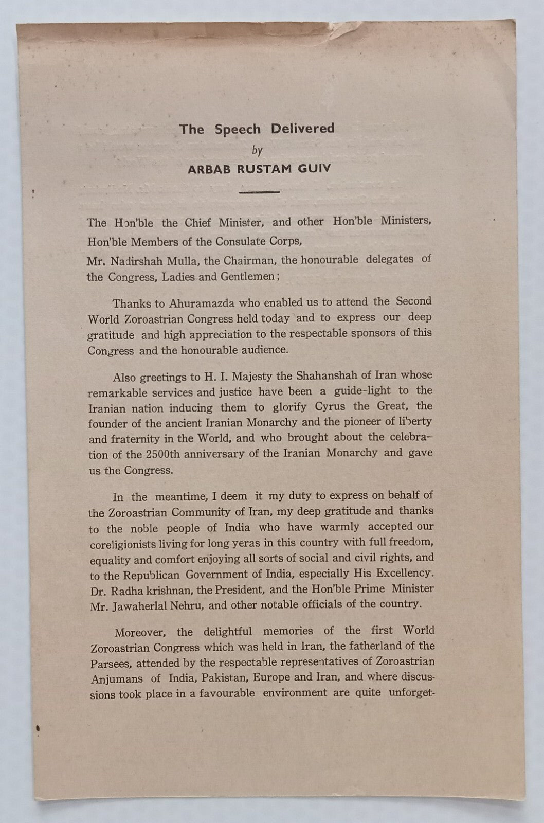 AOP 2nd World Zoroastrian Congress 1964 speech 10pgs - India Parsee