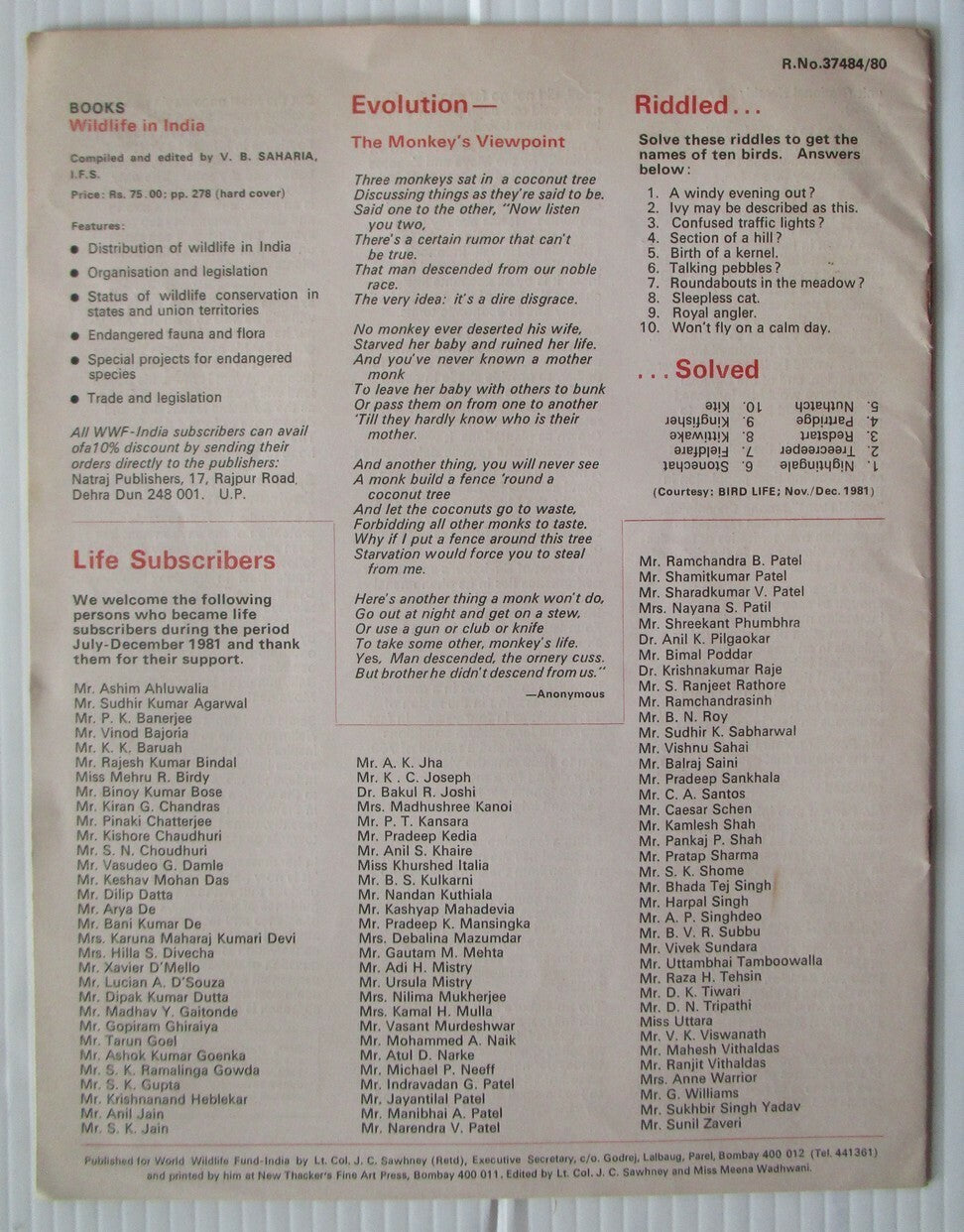 World Wildlife Fund WWF India 1982 quarterly magazine