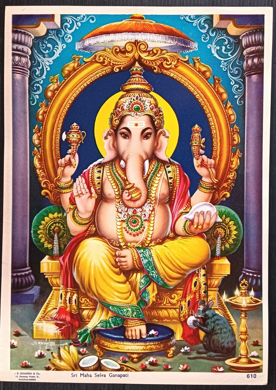 India Hindu Gods Poster Sri Maha Selva Ganapati 9.5"x 13" inches by J.B. Khanna