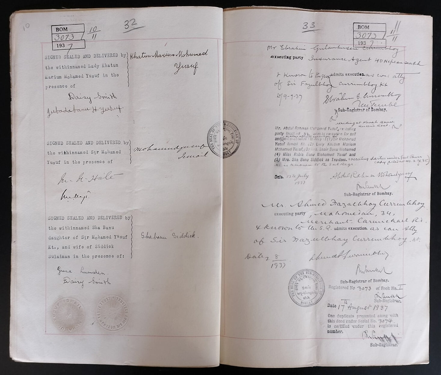 AOP India 1937 indenture signed Fazulbhoy Currimbhoy