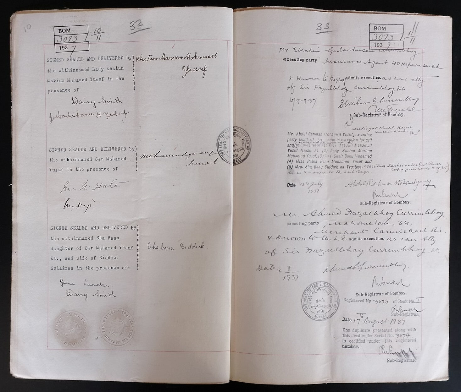 AOP India 1937 indenture signed Fazulbhoy Currimbhoy