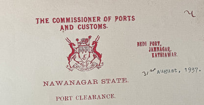 India Navlakhi Port, Morvi 1937 outgoing ship Port Clearance S.S.BAHADUR