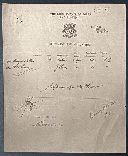 India 1937 Navlakhi Port Morvi SS NAGLORA Captan signed Arms List Humane Killer