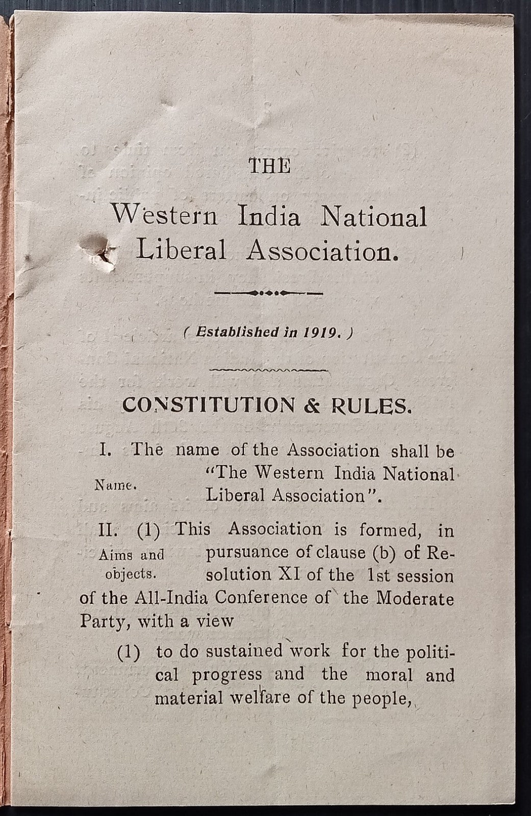 THE WESTERN INDIA LIBERAL ASSOCIATION CONSTITUTION & RULES 1919 12 page booklet