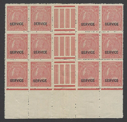 India Travancore Off 1942 8ca perf 12.5 unused GUTTER block of 12