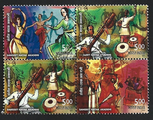 India 2003 Sangeet Natak Akademi se-tenant block of 4 postally used