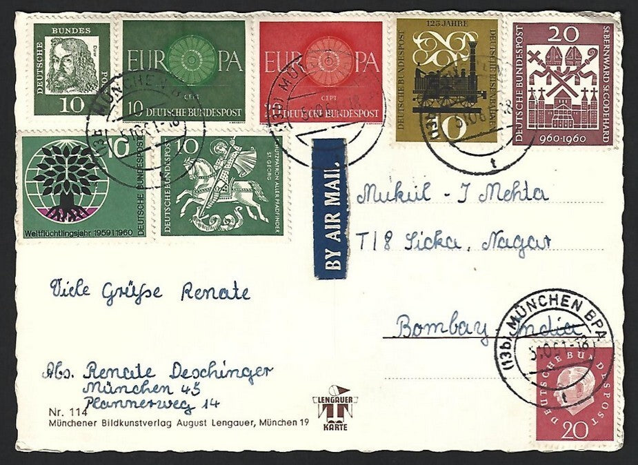 Germany interesting multi franking on 1951 postcard to Bombay, India