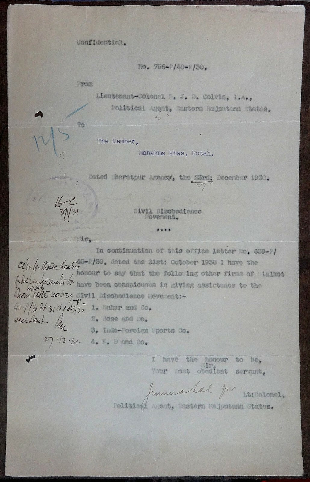 India 1930 Secret document re: firms assisting the CIVIL DISOBEDIENCE MOVEMENT