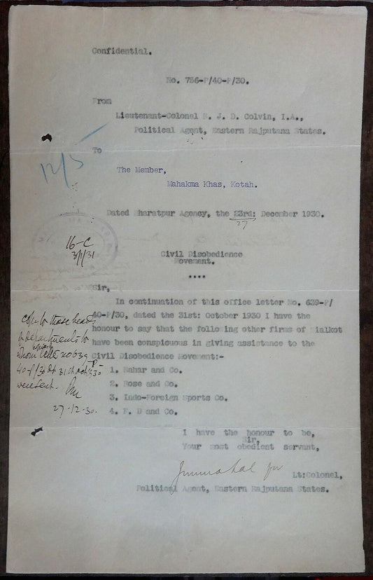 India 1930 Secret document re: firms assisting the CIVIL DISOBEDIENCE MOVEMENT
