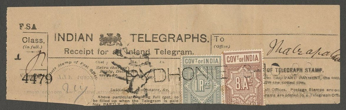 AOP India Telegraph stamps on 1900 PYDHONIE Telegraph receipt