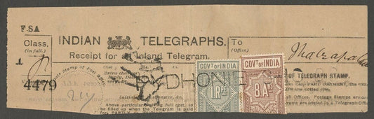 AOP India Telegraph stamps on 1900 PYDHONIE Telegraph receipt