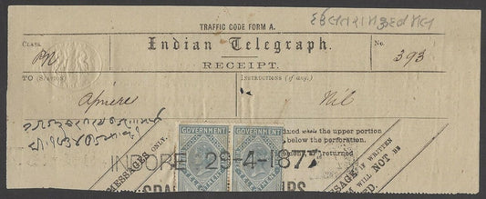 India 1877 OFFICIAL telegraph receipt with QV 1R pair Die 2 used Indore to Ajmer