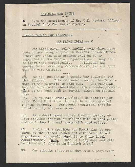 India WW2 1942 National War Front circular - WAR FRONT IDEAS V