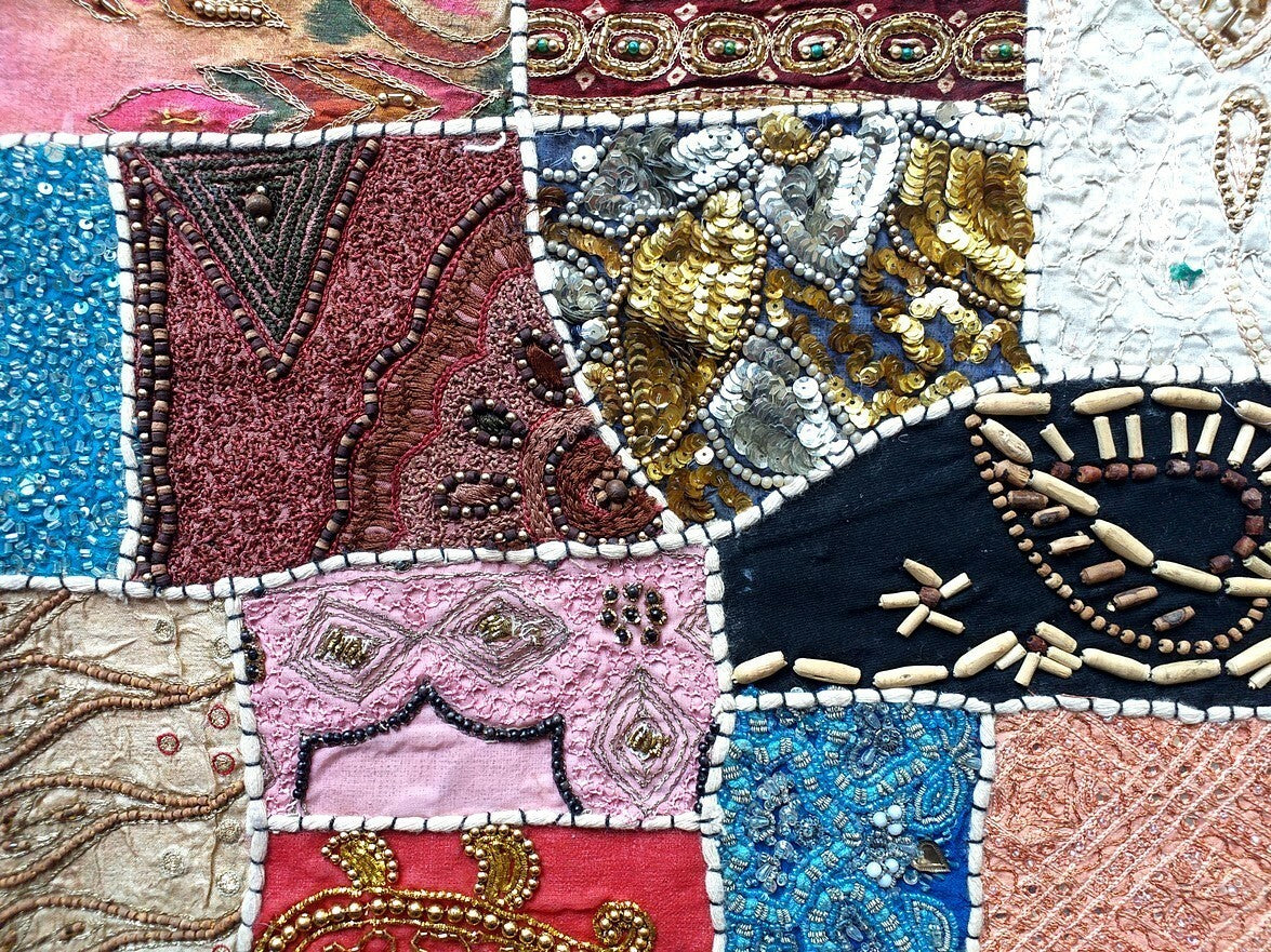 Vintage multipurpose Indian mat wi hand embroidery, sequins, beads, zari, etc
