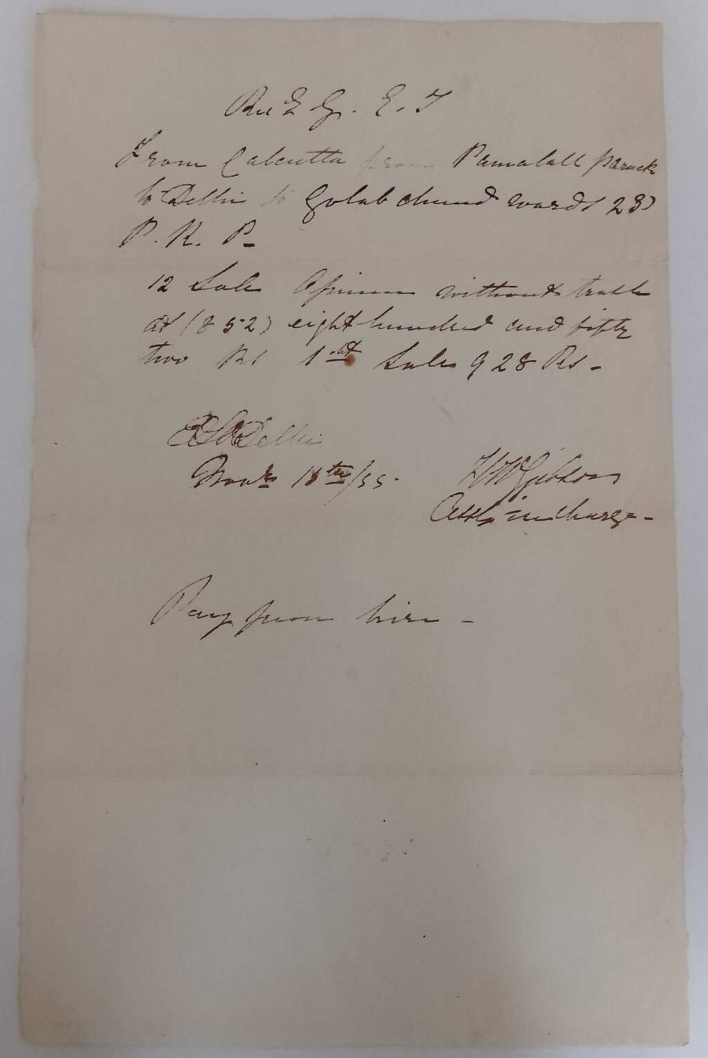 AOP India early manuscript electric telegram 1855 - opium content