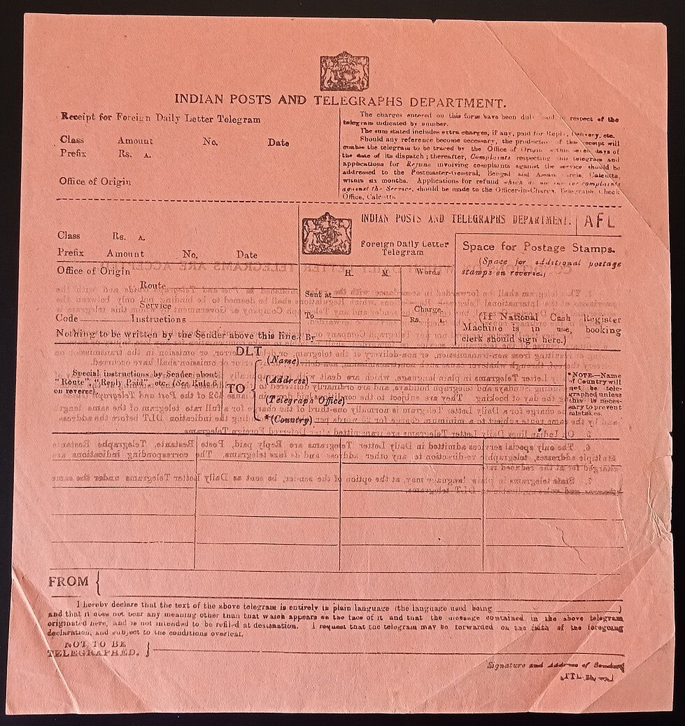 India 1935 INDIAN POSTS AND TELEGRAPHS DEPARTMENT Foreign Daily Letter Telegram
