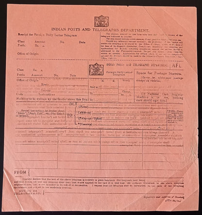 India 1935 INDIAN POSTS AND TELEGRAPHS DEPARTMENT Foreign Daily Letter Telegram
