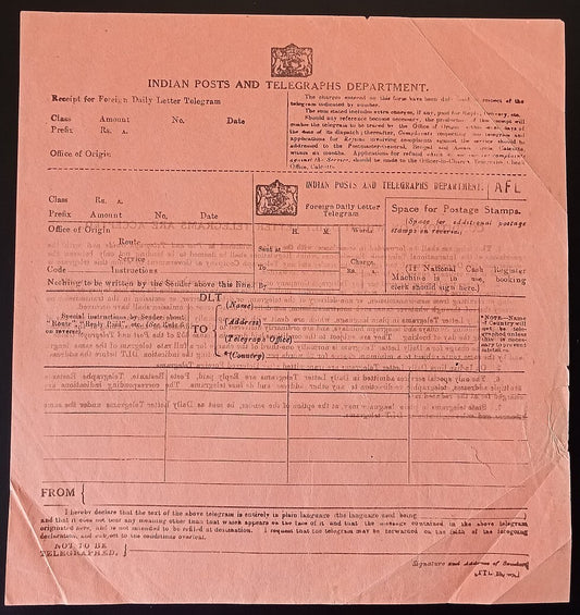 India 1935 INDIAN POSTS AND TELEGRAPHS DEPARTMENT Foreign Daily Letter Telegram