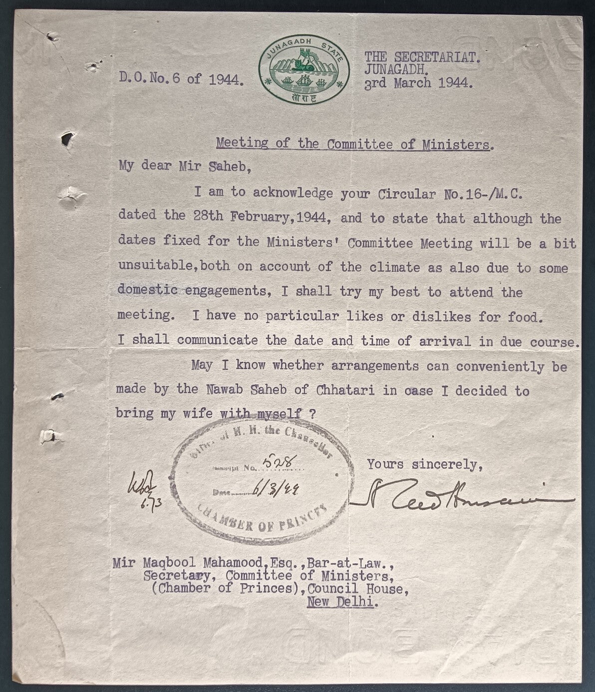 India 1944 crested letter JUNAGADH STATE