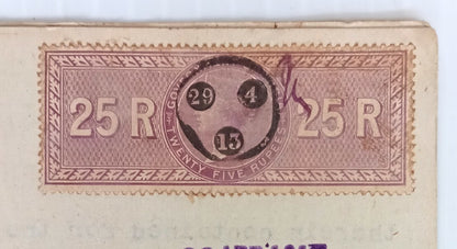 AOP India 1913 8 pages Indenture with QV 1889 25R LATE USED	