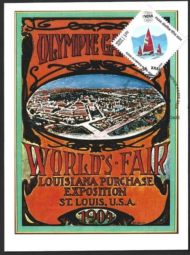 India 2024 Paris Olympics maxi card with 1904 ST. Louis, US Olympics cachet