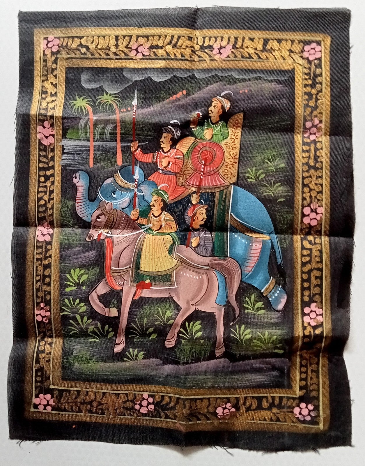 India vintage painting on cloth RAJAH AND HIS MEN ON ELEPHANTS 9 x 12 inches