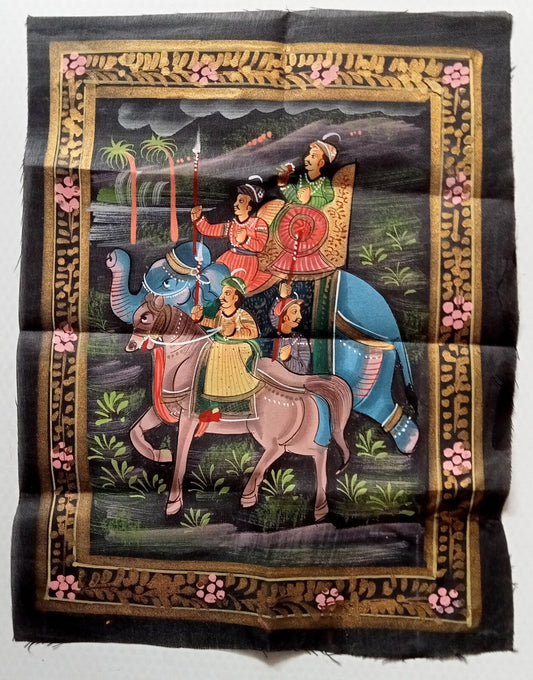 India vintage painting on cloth RAJAH AND HIS MEN ON ELEPHANTS 9 x 12 inches