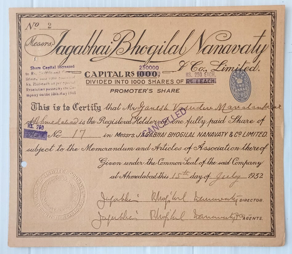 AOP India 1932 share certificate Jagabhai Bhogilal Namavaty & Co. Ltd