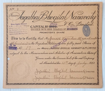AOP India 1932 share certificate Jagabhai Bhogilal Namavaty & Co. Ltd