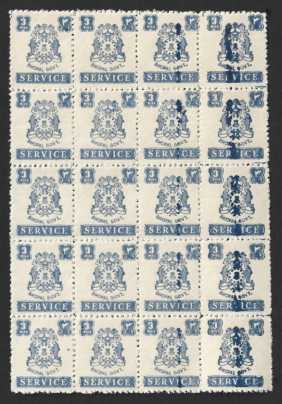 India Bhopal State 1944-49 3p MNH block of 20 SG O350 £20 printing error