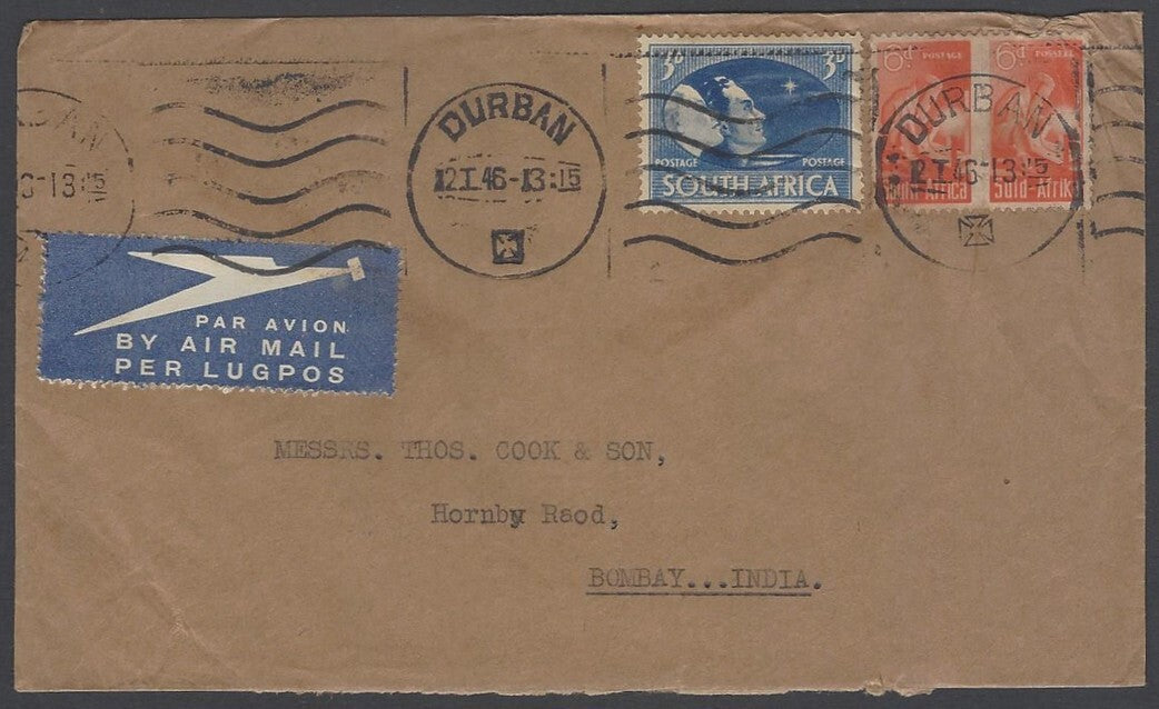 AOP South Africa 1943 bantams 6d pair on cover Durban to India