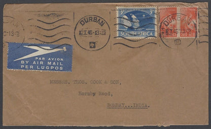 AOP South Africa 1943 bantams 6d pair on cover Durban to India