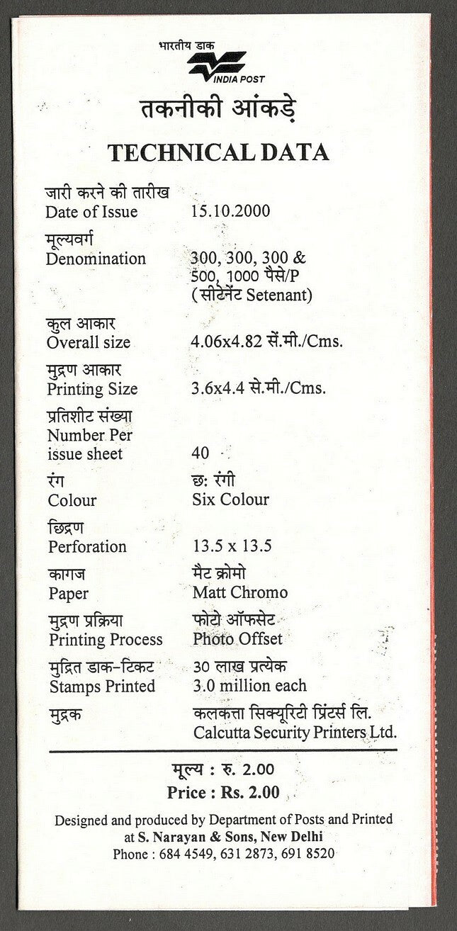 AOP India 2000 Madhubani Mithala Paintings set of 5 on first day used brochure 
