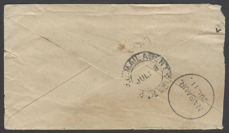 AOP India QV cover canc T in a circle of bars with MAIL AGENT DELHI bs