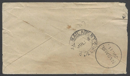 AOP India QV cover canc T in a circle of bars with MAIL AGENT DELHI bs