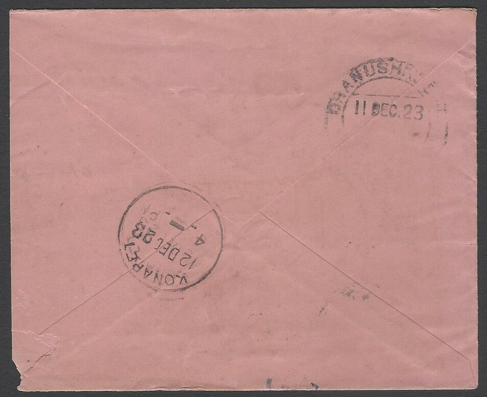 AOP Straits Settlements KGV 1912-23 1c black x 6 on cover to India SG 194
