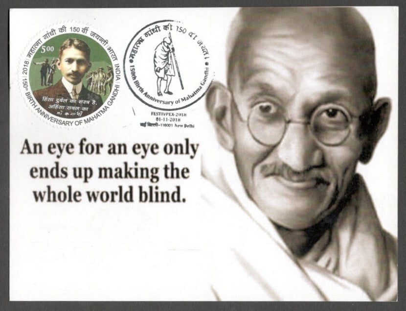 AOP India 2018 GANDHI maxi card with label An Eye For An Eye